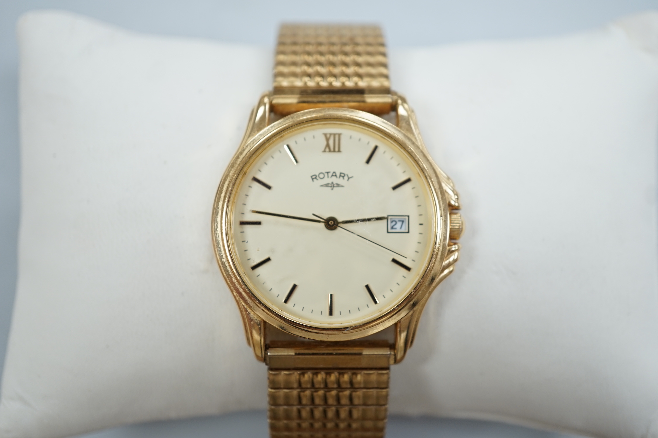 A gentleman's modern steel and gold plated Rotary quartz wrist watch, with date aperture, on associated flexible bracelet, with Rotary box.